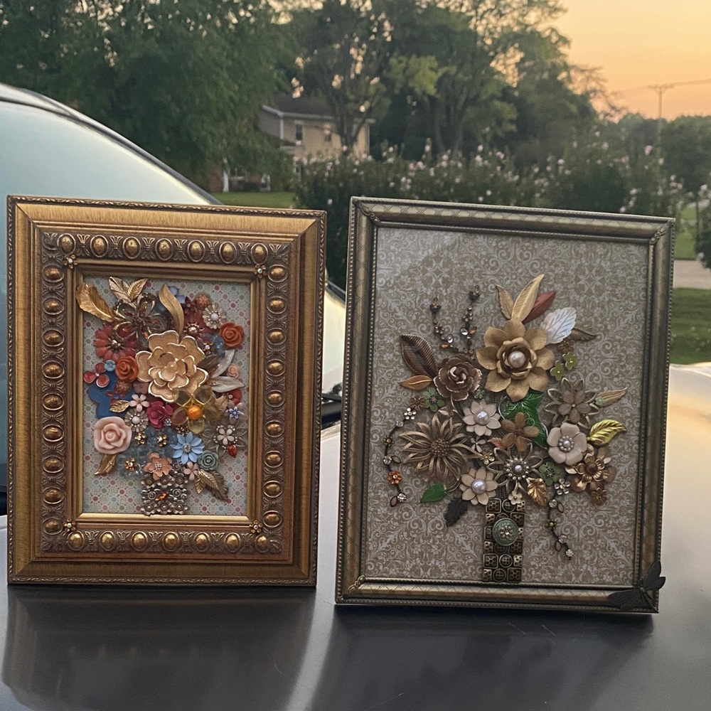 🌻🪷🌾Rare find ❤️🧡vintage Framed Floral Jewelry Bouquet🌸🌺🌼🌷
